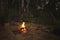 Night camp in the forest with a campfire. A tent with a fire and a chair in the evening in the forest.