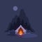 Night camp tent. Dark landscape with mountain trees and shelter adventure for happy travellers garish vector