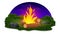 Night Campfire firewood vector illustration with grass, bush and stone