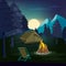 Night campfire. Wooden landscape with tent and fireplace with big burned flame lighting outdoor vector background