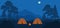 night camping landscape forest campfire glowing tents vector