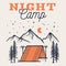 Night camping logo poster template, retro mountain adventure emblem design with mountains, tent. Unusual vintage art