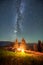 Night camping in mountains under starry sky with Milky way.