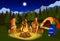 Night camping vector illustration, cartoon flat happy couple campers people sitting at campfire together, singing song