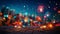 Night celebration exploding firework display illuminates the dark cityscape generated by AI