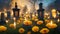 night cemetery with candles and flowers