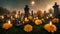 night cemetery with candles and flowers