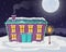 Night Christmas winter landscape with moon and snowfall. A cozy house with light in the windows, littered with snow and