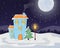 Night Christmas winter landscape with moon and snowfall. A cozy house with light in the windows, littered with snow and