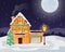 Night Christmas winter landscape with moon and snowfall. A cozy house with light in the windows, littered with snow and drifts