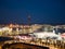 Night in the city of Barcelona in Catalonia, Spain. Columbus Monument and boulevard along Port Vell