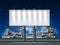 Night city billboard. Realistic blank illuminated advertising board. Roadside street banner. Horizontal lighted screen