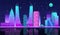 Night city landscape neon pixel background with hight buildings silhouette and stars in dark sky.