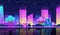 Night city landscape neon pixel background with hight buildings silhouette and stars in dark sky.