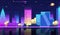 Night city landscape neon pixel background with hight buildings silhouette and stars in dark sky.