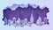 Night City landscape in papercut style. Violet and blue gradient cloud paper cut office, residential buildings and