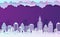 Night City landscape in papercut style. Violet and blue gradient paper cut office residential buildings and evening