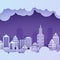 Night City landscape in papercut style. Violet and blue gradient paper cut office, residential buildings, evening cloudy