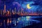 Night city landscape with skyscrapers and river. Vector illustration, Nocturnal urban landscape with river and skyscrapers. A