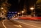 Night city landscape: trail of car headlights