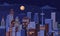 Night city with office and residential buildings, sky and moon. Urban view of downtown with skyscrapers at midnight