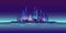 Night city panorama with moon and neon glow. Vector illustration.