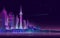 Night city panorama with neon glow on purple background. Vector.