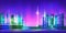 Night city panorama with v tower and neon glow. Vector.