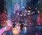 Night city rainy street   blurred light car traffic people with umbrellas rain drops urban scene