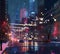 Night city rainy street   blurred light car traffic people with umbrellas rain drops urban scene