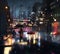 Night city rainy street   blurred light car traffic people with umbrellas rain drops urban scene