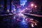 Night city street with snow and puddles, streetlight, urban illumination, AI Generated