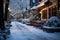 Night city winter snowy street decorated with luminous garlands and lanterns for christmas, urban preparations for new year, AI