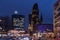 Night cityscape of Breitscheidplatz with ancient clock tower of Kaiser Wilhelm Memorial Church named `the hollow tooth` Berlin.