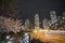 Night cityscape with cherry blossom, park, tail lights and buildings background.  Vancouver BC Canada