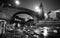Night cityscape lights on river under roman bridge