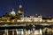 Night cityscape view of historic buildings with reflections in Elbe river in the center of Dresden & x28;Germany& x29;.