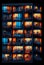 Night colorful windows lights of apartment building in city. AI generative