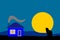 Night country house with black silhouette cat vector