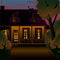 Night cozy two-story house with a porch. Vector art illustration of an american house