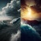 Night and day, storm at sea and calm, sun and moon in one frame, fantastic unusual landscape, opposite and unity,