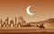 Night Desert Islamic Mosque Date Palm Tree Arabian Landscape Illustration