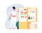 Night eating. Woman standing open fridge with food. Diet time, overweight problems vector illustration