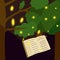Night enchanted garden with forest tree, lights and magic book.