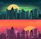 Night and evening city landscape. Skyline with skyscrapers. Flat city. Vector