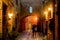 Night falls with fog wind and rain on a street in the ancient village of Erice. Sicily. Italy