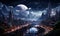 Night fantastic cityscape of an unknown planet.