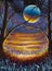 Night fantasy art landscape big planet moon starry sky sunset painting, fairy tale