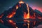 Night fantasy landscape with abstract mountains and island on the water, explosive volcano with burning lava. Neural