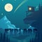 Night flat vector mountain landscape with moon, stars and mountain home silhouette